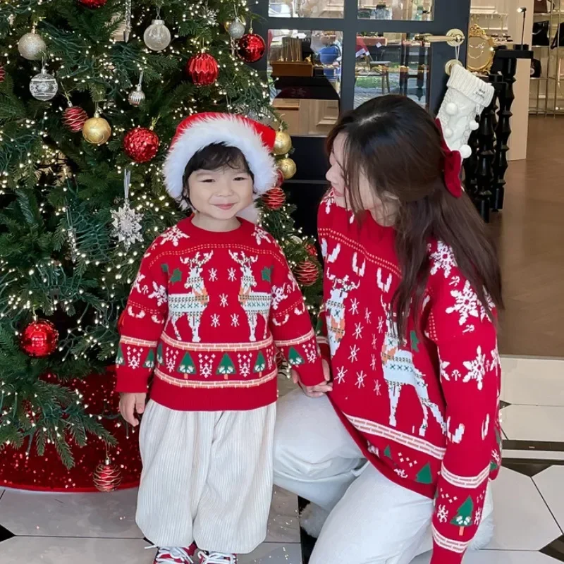 Parent Of Plant - Familien-passender Weihnachts-Rentier-Baum-Pullover, Eltern-Kind-Rot-Strickpullover, Vater, Mutter und